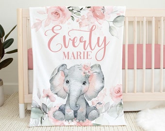 Elephant Baby Blanket, Girl Safari Blanket, Personalized Baby Blanket, Elephant Nursery, Pink Roses Elephant Blanket, Baby Shower Gift S52