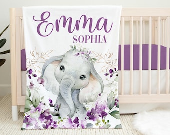 Girl Elephant Blanket, Elephant Purple Floral Blanket, Personalized Baby Blanket, Elephant Nursery Theme, Elephant Baby Shower Gift S51