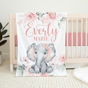 Elephant Baby Blanket, Girl Safari Blanket, Personalized Baby Blanket, Elephant Nursery, Pink Roses Elephant Blanket, Baby Shower Gift S52