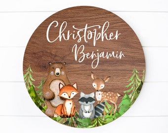 Round Wood Name Sign, Wood Baby Name Sign, Woodland Baby Sign, Woodland Name Sign, Baby Announcement Sign, Bear Fox Raccoon Deer Sign W1