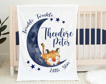 Tiger Moon Blanket, Personalized Moon and Stars Baby Blanket, Twinkle Twinkle Little Star Baby Blanket, Tiger Nursery T46