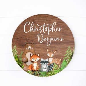 Round Wood Name Sign, Wood Baby Name Sign, Woodland Baby Sign, Woodland Name Sign, Baby Announcement Sign, Bear Fox Raccoon Deer Sign W1