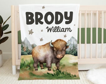 Mountain Buffalo Blanket, Personalized Bison Baby Blanket, Buffalo Baby Blanket, Boy Nursery Blanket, Southwest Cactus Nursery M26
