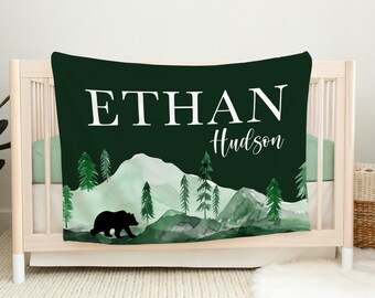 Mountains Bear Baby Blanket, Personalized Baby Blanket, Mountains Nursery, Newborn Blanket, Baby Shower Gift, Bear Mountain Crib Decor M24