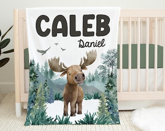 Boy Moose Blanket, Moose Baby Blanket, Personalized Baby Blanket, Moose Nursery Theme, Baby Shower Gift, Woodland Forest Blanket W44