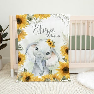 Elephant Sunflower Blanket, Elephant Baby Blanket, Personalized Baby Blanket, Elephant Nursery Theme, Sunflower Baby Blanket, Elephant S57