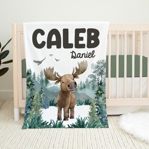 Boy Moose Blanket, Moose Baby Blanket, Personalized Baby Blanket, Moose Nursery Theme, Baby Shower Gift, Woodland Forest Blanket W44