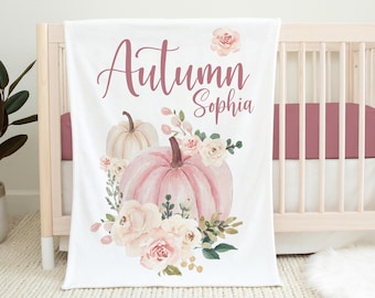 Girl Autumn Blanket, Personalized Autumn Baby Blanket, Floral Pumpkin Baby Blanket, Autumn Pumpkin Baby Gift, Autumn Baby Blanket G34