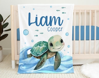 Turtle Boy Blanket, Nautical Nursery, Personalized Baby Blanket
