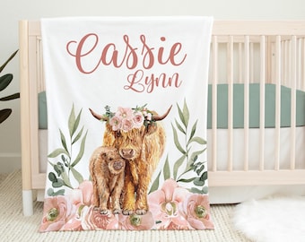 Boho Highland Cow Blanket, Girl Highland Cow Blanket, Personalized Baby Blanket, Farm Animal Nursery Theme, Highland Cow Nursery C19