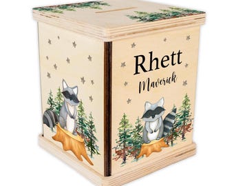 Raccoon Piggy Bank, Woodland Nursery, Personalized Piggy Bank, Woodland Custom Coin Bank, Woodland Nursery, Woodland Toddler Gift, W1