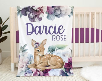 Purple Floral Deer Blanket, Woodland Nursery Baby Blanket, Forest Animal Baby Blanket, New Baby Gift, Girl Woodland Deer Baby Blanket W33