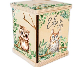 Boy Woodland Piggy Bank, Woodland Nursery, Personalized Piggy Bank, Owl Custom Coin Bank, Woodland Nursery, Owl Toddler Gift, W37