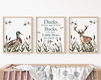 Hunting Nursery Wall Art Poster, Hunting Nursery Decor, Mountain Posters, Set of 3 Mailed Posters, Mallard Duck and Bucks, B33, W48