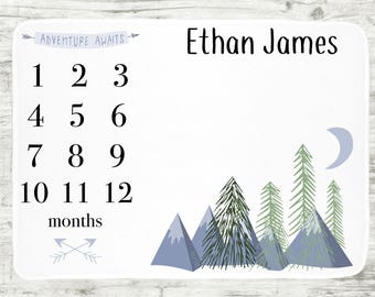 Adventure Awaits Baby Milestone Blanket, Forest Mountains Milestone Blanket, Personalized Baby Blanket, Month Baby Blanket, Baby Boy Blanket