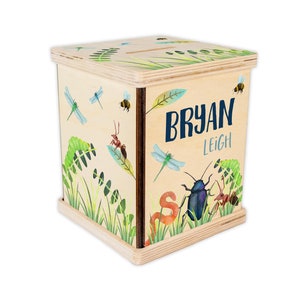 May include: Wooden piggy bank with a nature theme. The bank is decorated with a variety of insects, including a dragonfly, a beetle, and ants. The bank also features a green worm and green leaves. The bank has a slot on the top for coins. The bank is personalized with the name "BRYAN LEIGH".