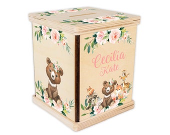 Girl Woodland Piggy Bank, Woodland Nursery, Personalized Piggy Bank, Woodland Custom Coin Bank, Woodland Nursery, Woodland Toddler Gift, W28