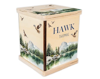 Mountain Piggy Bank, Mountain Nursery, Baby Boy Gift, Personalized Piggy Bank, Toddler Room Gift, Hawk Wildlife Custom Coin Bank, M32