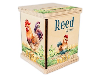 Rooster Farm Piggy Bank, Farm Nursery, Baby Boy Gift, Personalized Piggy Bank, Toddler Room Gift, Custom Coin Bank, Baby Shower Gift, C35