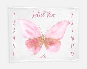 Butterfly Baby Milestone Blanket, Personalized Baby Blankie, Monthly Baby Blanket, Baby Girl Blanket, Pink and Gold Butterfly Blanket G5