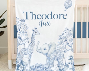 Safari Blue Toile Blanket, Safari Toile Nursery Blanket, Personalized Baby Blanket, Boy Safari Nursery Theme, Safari Baby Shower Gift S74