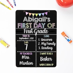 Op de afbeelding: Een zwart schoolbord met kleurrijke vlaggetjes bovenaan. Het bord zegt "Abigail's First Day of First Grade". Het bevat informatie over de datum, de leeftijd van het kind, de naam van de leraar en zijn favoriete dingen.