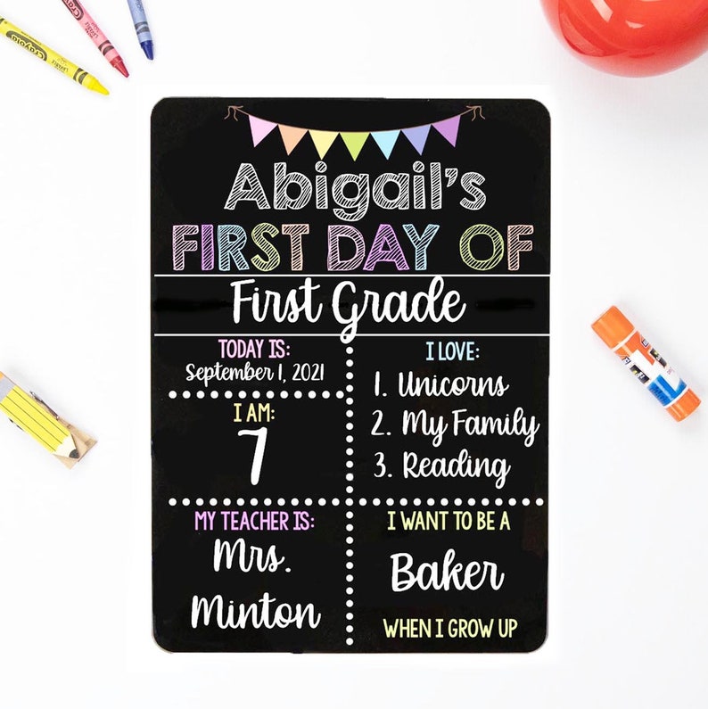 Op de afbeelding: Een zwart schoolbord met kleurrijke vlaggetjes bovenaan. Het bord zegt "Abigail's First Day of First Grade". Het bevat informatie over de datum, de leeftijd van het kind, de naam van de leraar en zijn favoriete dingen.