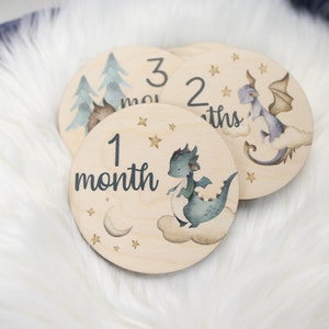 May include: Wooden milestone discs with dragon illustrations and the numbers 1, 2, and 3, along with the word "month". The discs feature watercolor-style images of dragons, clouds, stars, and trees. The discs are light brown with black and blue text.