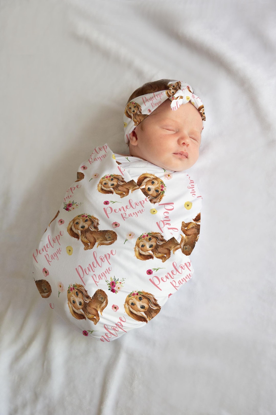 Girl Puppy Swaddle Set, Floral Dachshund Baby Blanket, Personalized