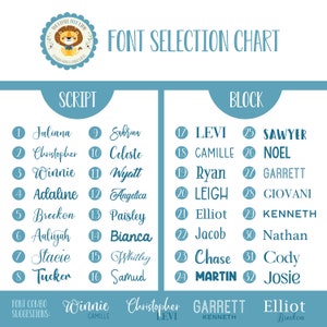 May include: A blue and white chart with the title "Font Selection Chart" and a list of names in two different font styles: script and block. The chart includes a section for font combo suggestions with the names Winnie, Christopher, Garrett, and Elliot.