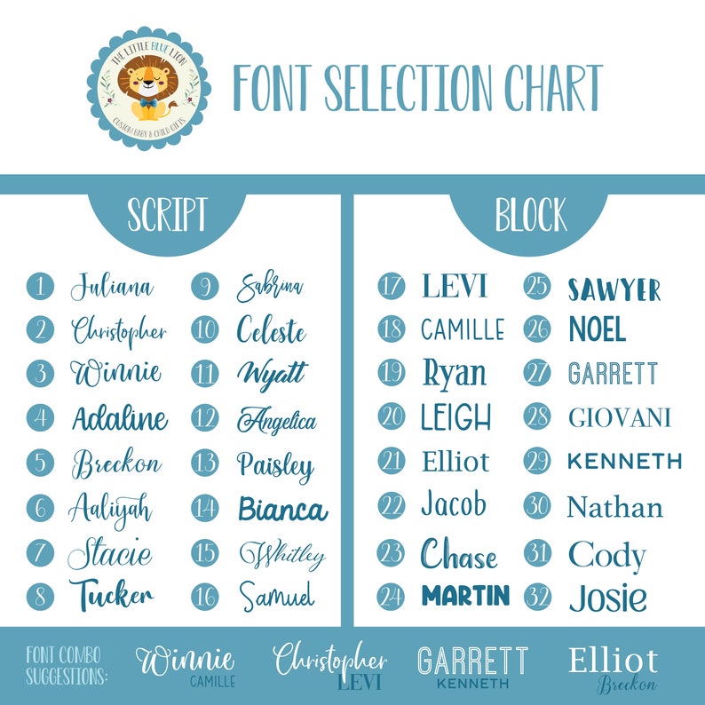 May include: A blue and white chart with the title "Font Selection Chart" and a list of names in two different font styles: script and block. The chart includes a section for font combo suggestions with the names Winnie, Christopher, Garrett, and Elliot.