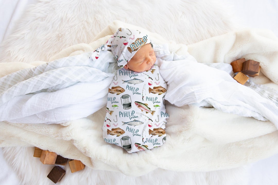 Fishing Swaddle Set, Fish Swaddle Blanket, Personalized Baby Blanket