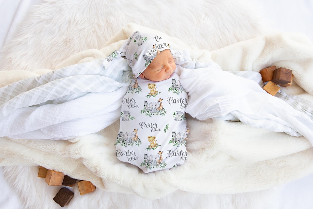 Safari Swaddle Set, Safari Swaddle Blanket, Personalized Baby Blanket