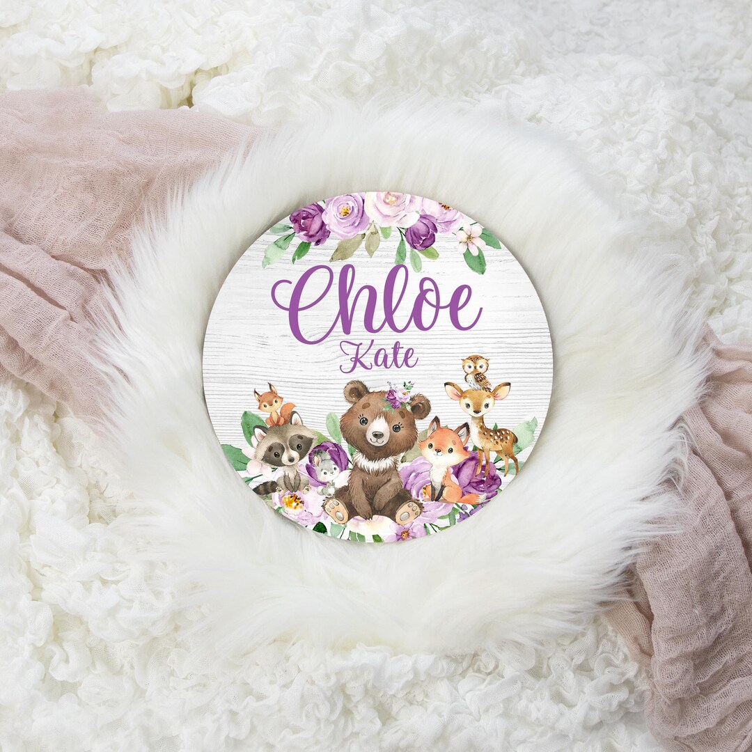 Girl Woodland Round Wood Name Sign, Wood Baby Name Sign, Woodland Baby Name Sign, Baby