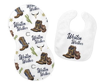 Western Bib and Burp Cloth Set, Cowboy Bib, Cowboy Burp Cloth, Western Nursery Theme, Personalized Cowboy Bib, Cowboy Baby Shower Gift, D8