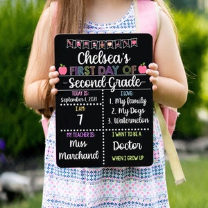 May include: A black chalkboard sign with a pink and white apple design. The sign says "Chelsea's First Day of Second Grade". It includes information about the date, the child's age, their teacher's name, and their future career aspirations.