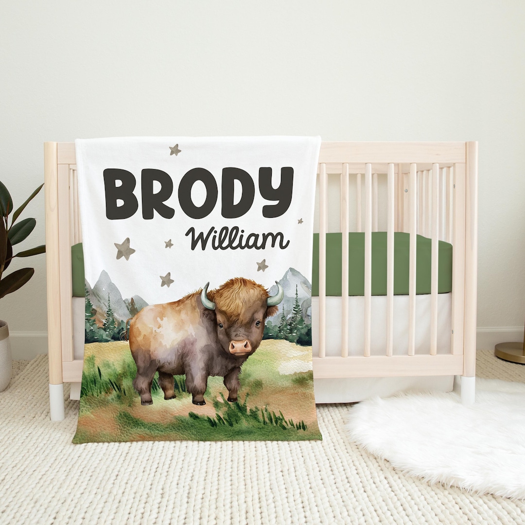 Mountain Buffalo Blanket, Personalized Bison Baby Blanket, Buffalo Baby