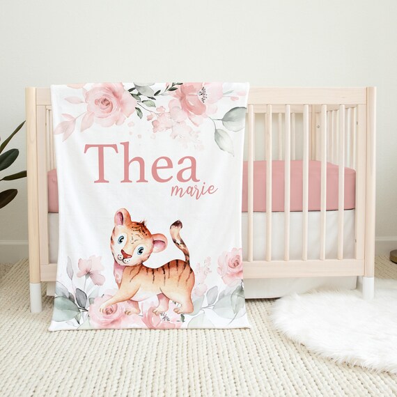 Girl Tiger Blanket, Safari Crib Bedding, Personalized Baby Blanket, Jungle Nursery Theme, Floral Tigress Nursery Decor, Baby Shower Gift S25