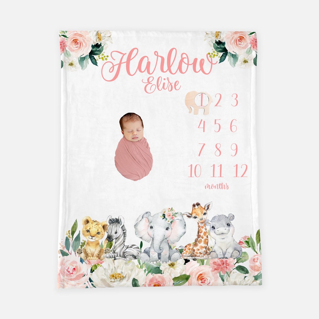 Girl Safari Milestone Blanket, Personalized Baby Blanket, Monthly Baby ...