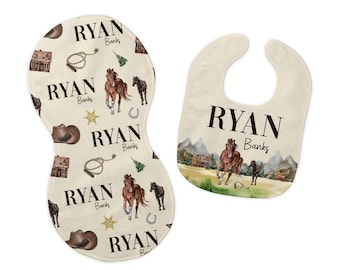 Cowboy Bib and Burp Cloth Set, Cowboy Bib, Cowboy Burp Cloth, Western Nursery Theme, Personalized Horses Bib, Cowboy Baby Shower Gift, C36