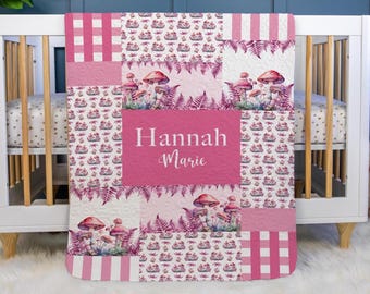 Girl Mushroom and Fern Baby Quilt, Personalized Baby Woodland Quilt, Optional Bundle with Sign, Mushroom Quilted Blanket, Fungi Quilt, W64