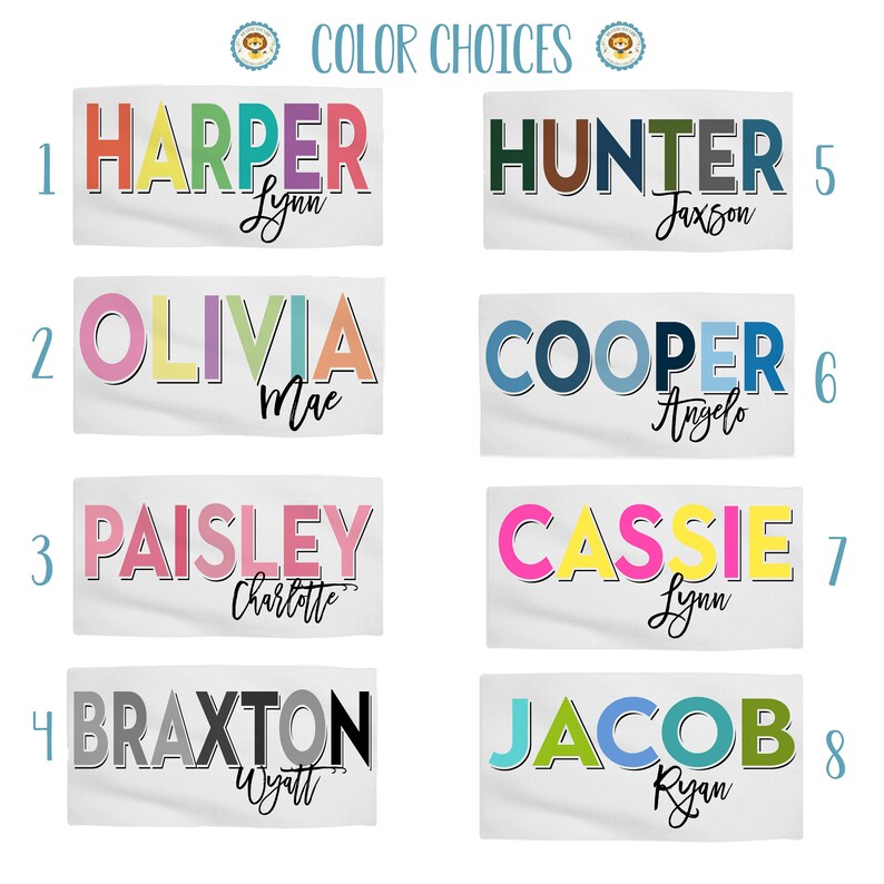 Op de afbeelding: Een tabel met acht verschillende kleurkeuzes voor gepersonaliseerde handdoeken. Elke keuze heeft een naam in kleurrijke blokletters met een kleinere naam eronder. De namen zijn: Harper, Hunter, Olivia, Cooper, Paisley, Cassie, Braxton en Jacob.