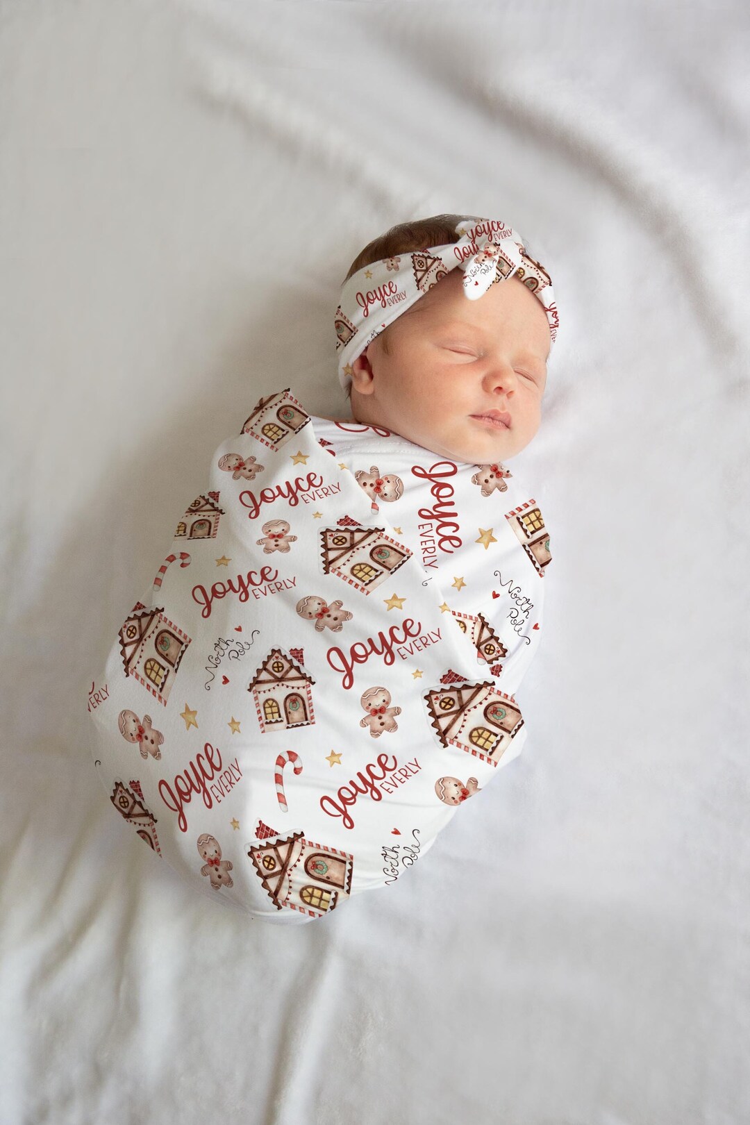 Christmas Swaddle Set, Personalized Gingerbread Baby Blanket, Christmas