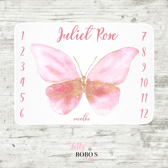 Personalized Baby Blankie Butterfly Baby Milestone Blanket Pink and Gold Butterfly Baby Blanket Baby Girl Blanket Monthly Baby Blanket