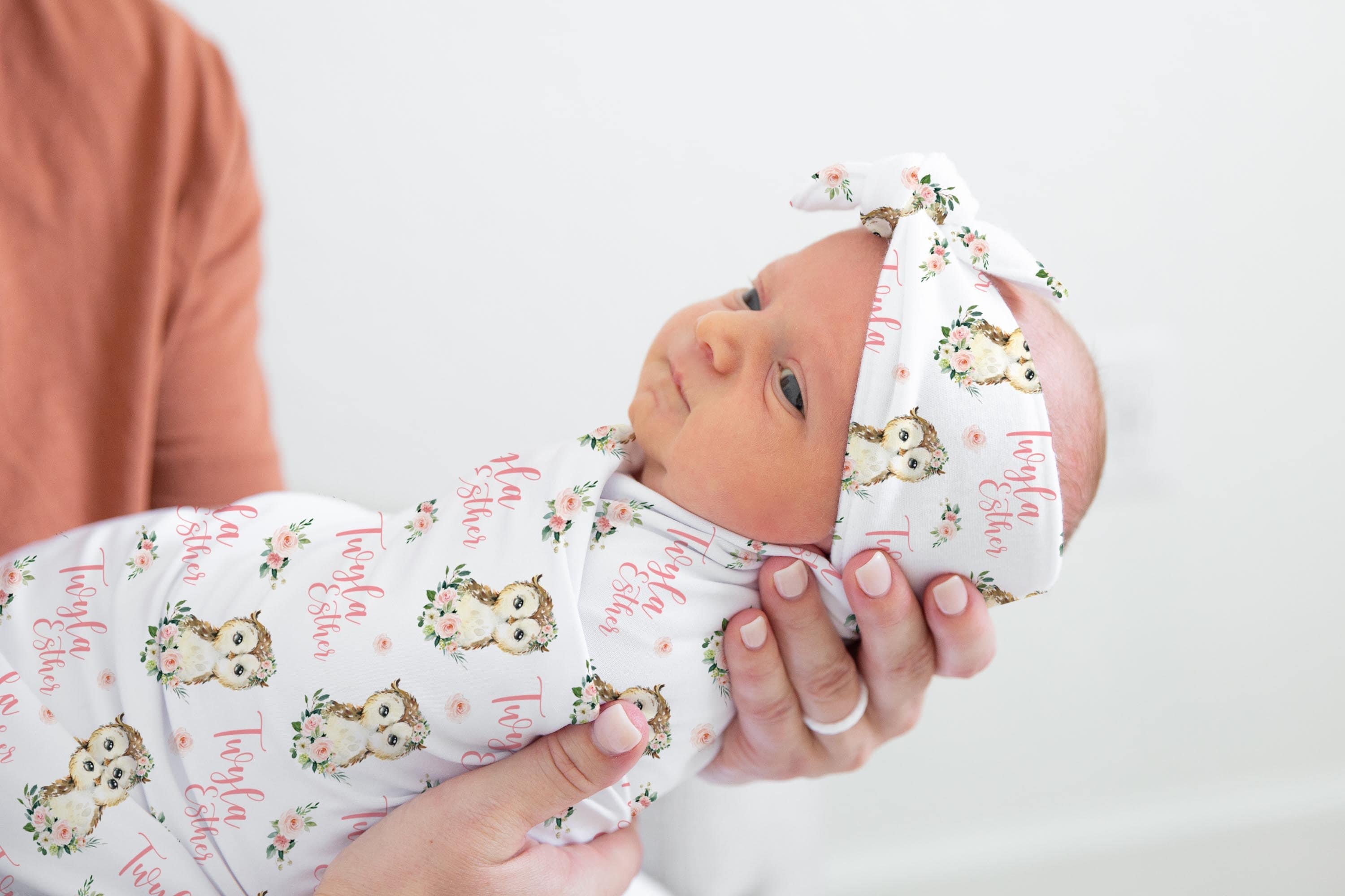 Girl Owl Swaddle Set, Woodland Baby Blanket, Personalized Swaddle Blanket, Pink Owl Animal Baby Blan