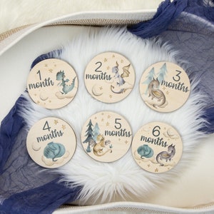 May include: Set of six wooden monthly milestone discs. Each disc features a different watercolor dragon illustration with the month number and the word "months". The discs are light brown with a soft, whimsical design.