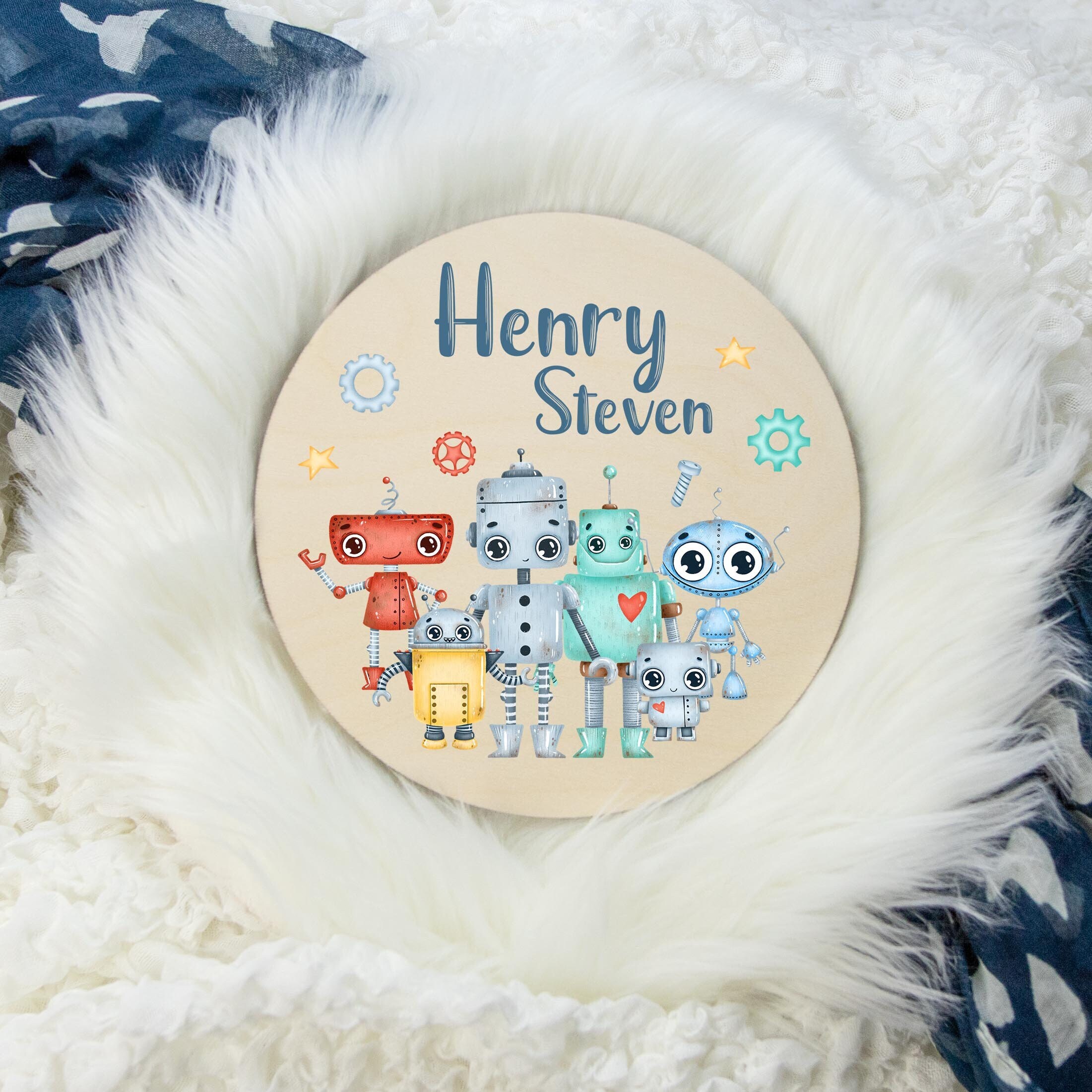 Robot Round Wood Name Sign, Robot Baby Name Sign, Round Wood Baby Name Sign, Baby Announcement Sign, Robot Theme Nursery Decor B18