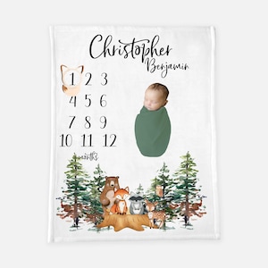 Woodland Milestone Blanket, Baby Boy Blanket, Raccoon Bear Deer Fox Blanket, Forest Baby Gift, Newborn Blanket, Forest Nursery Theme W1