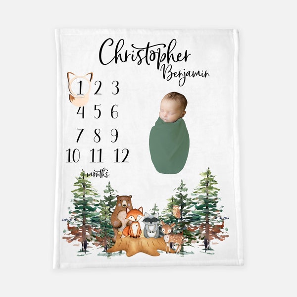 Woodland Milestone Blanket, Baby Boy Blanket, Raccoon Bear Deer Fox Blanket, Forest Baby Gift, Newborn Blanket, Forest Nursery Theme W1