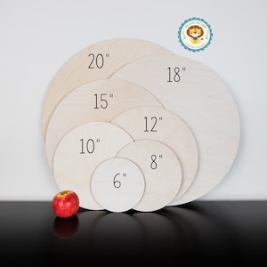 K&ouml;nnte beinhalten: Ein Satz von sechs unfertigen Holzkreisen in verschiedenen Gr&ouml;&szlig;en, von 15 cm bis 50 cm Durchmesser. Die Kreise sind in einem verschachtelten Muster angeordnet, wobei der gr&ouml;&szlig;te Kreis oben und der kleinste Kreis unten liegt. Die Kreise sind alle aus hellem Holz gefertigt und haben eine glatte, polierte Oberfl&auml;che.